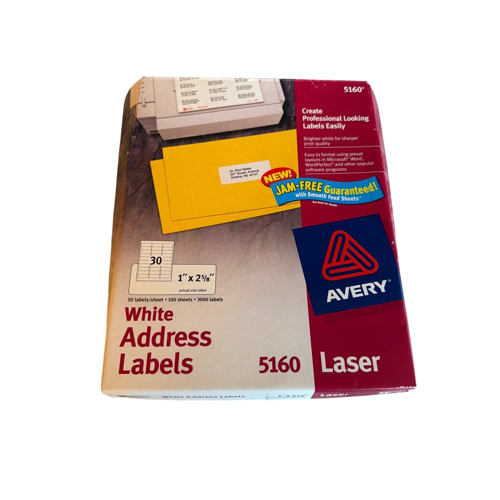 Avery Address Labels White 5160 Laser 3000 Count 1 x 2-5/8 Inch Jam-Free